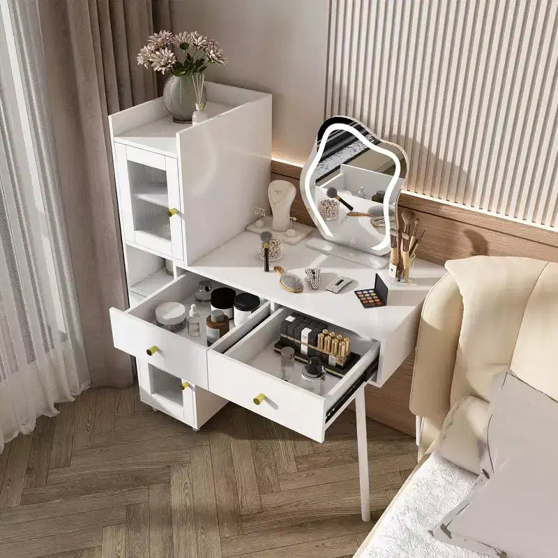 Coiffeuses Miroir LED, Coiffeuse Blanche avec 3 Tiroirs, 2 Étagères, 4 Armoires Cachées (Portes Vitrées), 3 Modes d'Éclairage, pour Chambre ou Salon