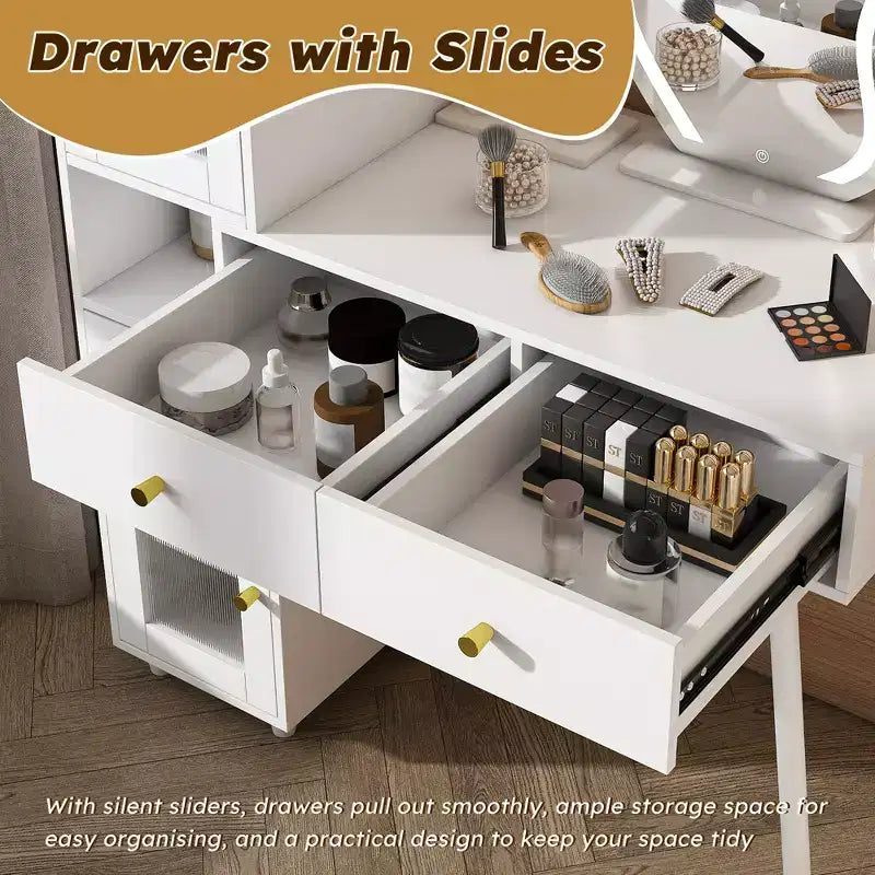 Coiffeuses Miroir LED, Coiffeuse Blanche avec 3 Tiroirs, 2 Étagères, 4 Armoires Cachées (Portes Vitrées), 3 Modes d'Éclairage, pour Chambre ou Salon