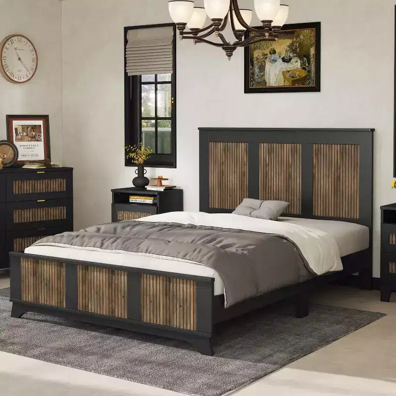 Lit plateforme en bois à lattes, grand format, style ferme