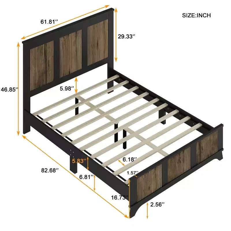 Lit plateforme en bois à lattes, grand format, style ferme