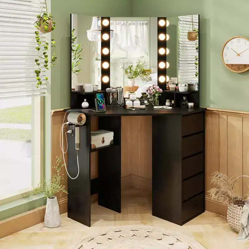 Coiffeuse d'angle avec miroir réglable 3 couleurs, bureau de vanité avec prise de courant, table de maquillage avec grand espace de rangement pour coin de salon