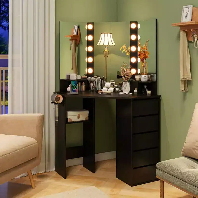 Coiffeuse d'angle avec miroir réglable 3 couleurs, bureau de vanité avec prise de courant, table de maquillage avec grand espace de rangement pour coin de salon