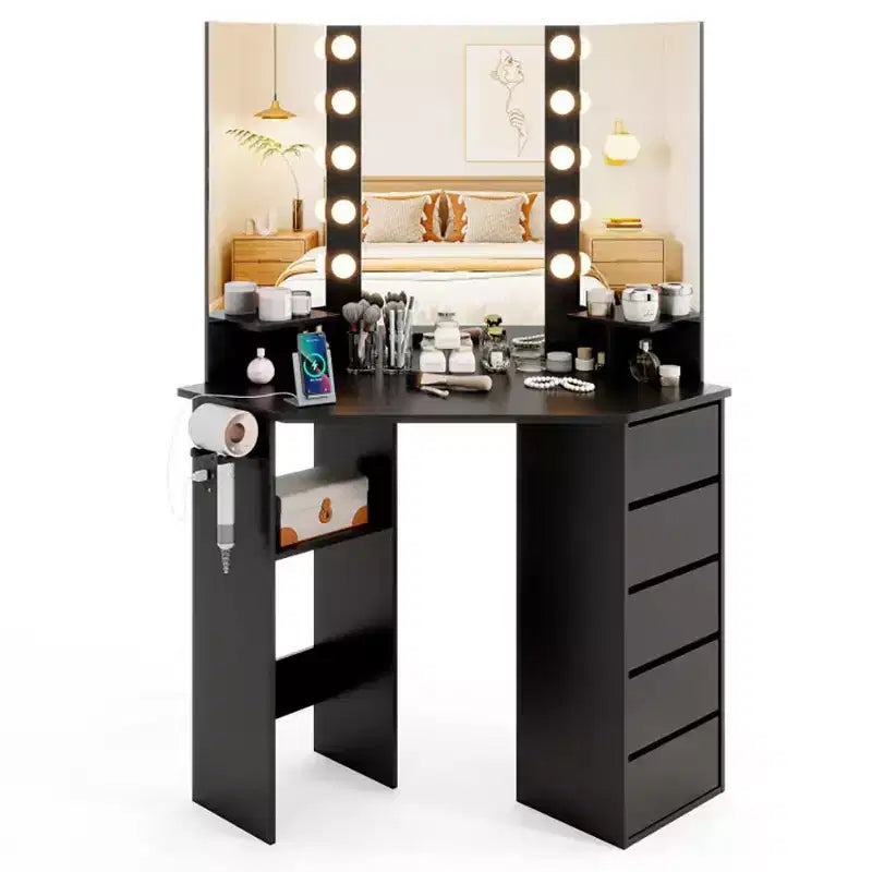 Coiffeuse d'angle avec miroir réglable 3 couleurs, bureau de vanité avec prise de courant, table de maquillage avec grand espace de rangement pour coin de salon