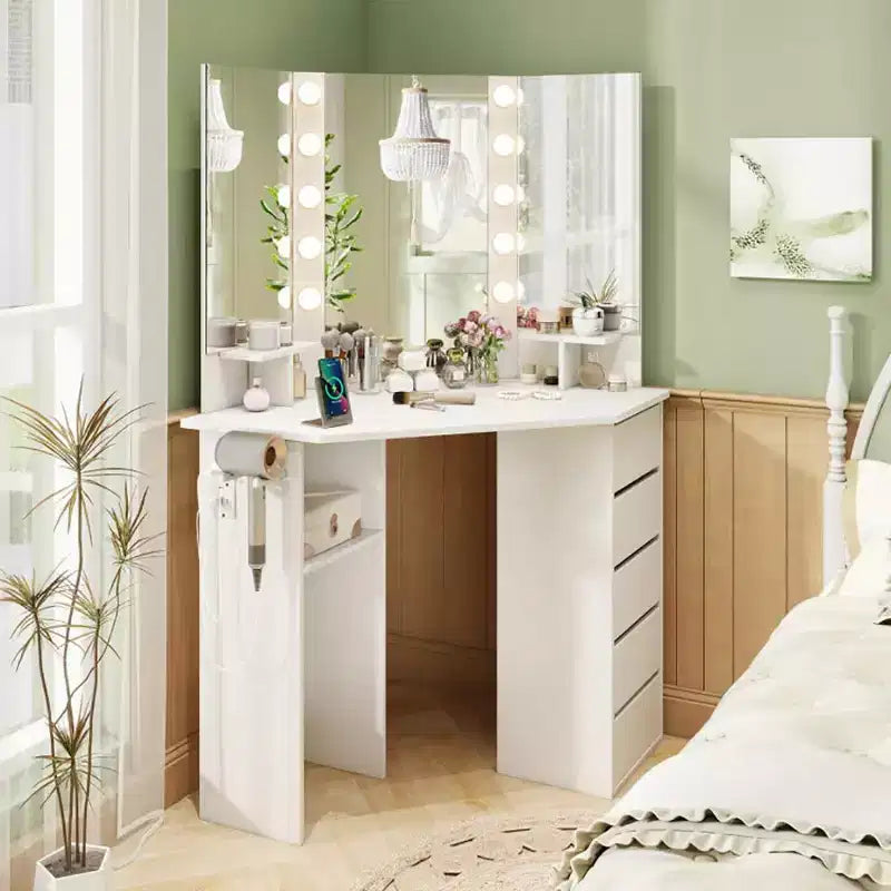 Coiffeuse d'angle avec miroir réglable 3 couleurs, bureau de vanité avec prise de courant, table de maquillage avec grand espace de rangement pour coin de salon