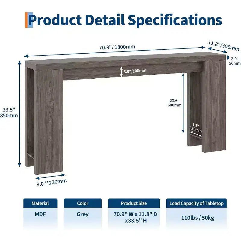 Console d'entrée rustique en bois de 70,9 pouces de long pour couloir, salon, derrière un canapé, profondeur étroite de 11,8 pouces