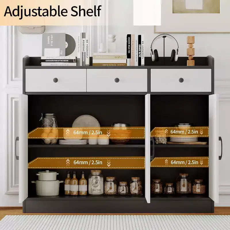 Buffet de salle à manger de 42,5 pouces, meuble de rangement de cuisine moderne avec étagères réglables, armoire en bois avec 3 tiroirs pour salon, salle à manger