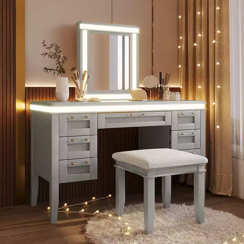 Coiffeuse bohème classique en bois avec miroir lumineux, 7 tiroirs et tabouret rembourré