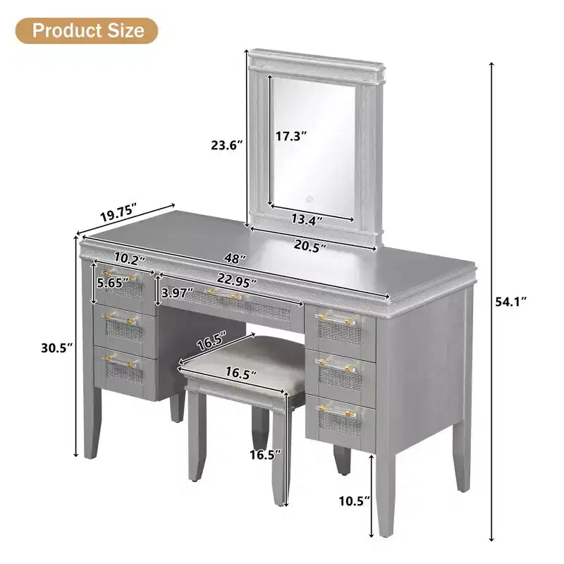 Coiffeuse bohème classique en bois avec miroir lumineux, 7 tiroirs et tabouret rembourré