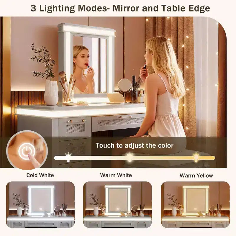 Coiffeuse bohème classique en bois avec miroir lumineux, 7 tiroirs et tabouret rembourré