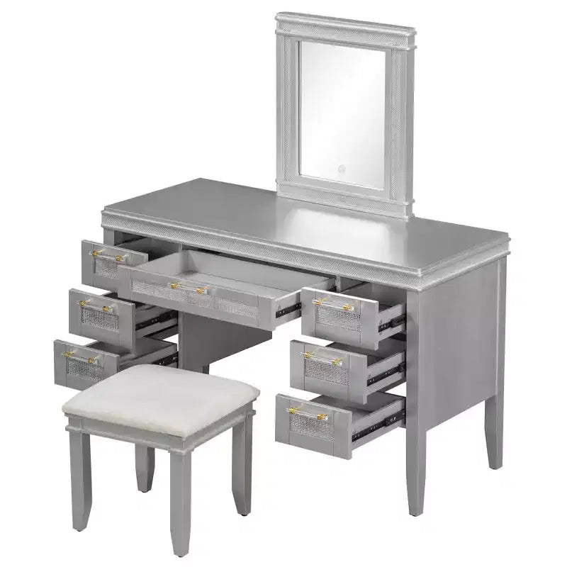 Coiffeuse bohème classique en bois avec miroir lumineux, 7 tiroirs et tabouret rembourré