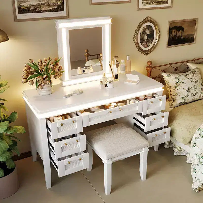 Coiffeuse bohème classique en bois avec miroir lumineux, 7 tiroirs et tabouret rembourré