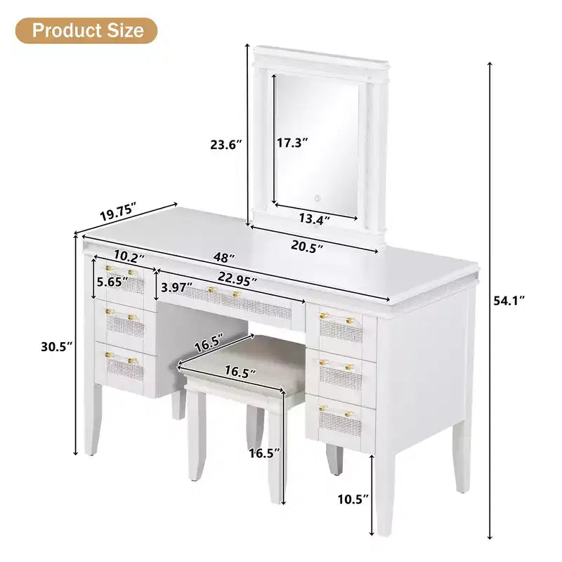 Coiffeuse bohème classique en bois avec miroir lumineux, 7 tiroirs et tabouret rembourré