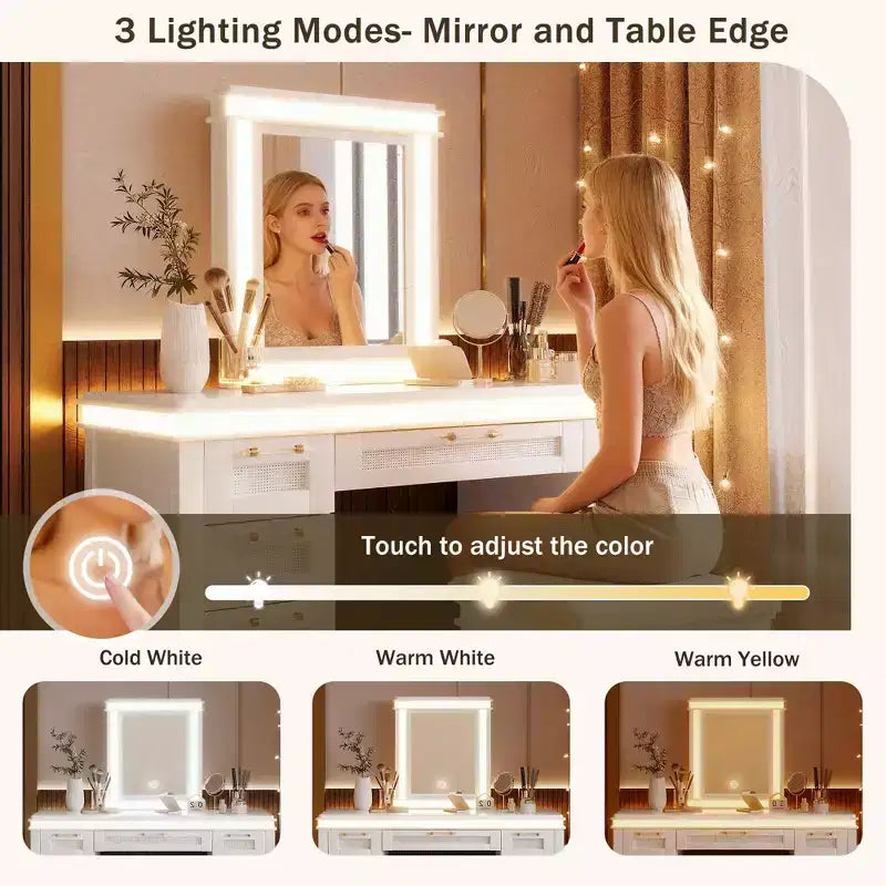Coiffeuse bohème classique en bois avec miroir lumineux, 7 tiroirs et tabouret rembourré
