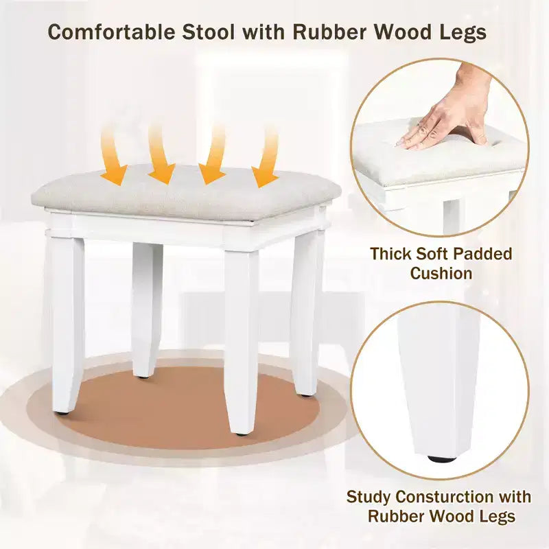 Coiffeuse bohème classique en bois avec miroir lumineux, 7 tiroirs et tabouret rembourré