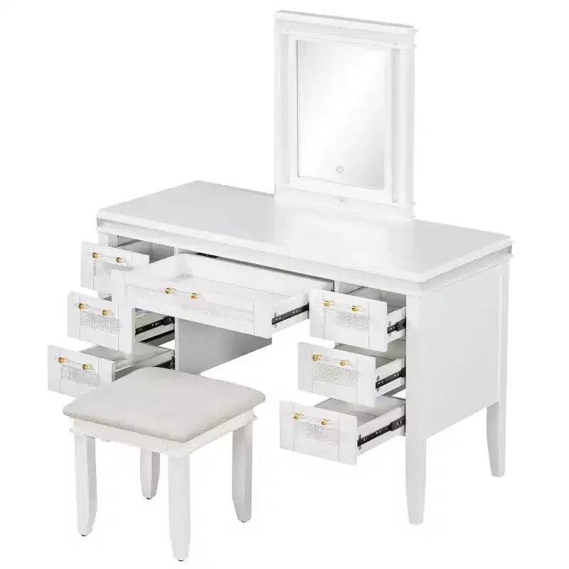 Coiffeuse bohème classique en bois avec miroir lumineux, 7 tiroirs et tabouret rembourré