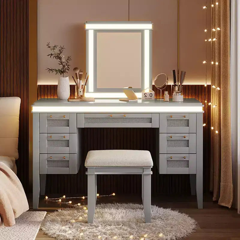 Coiffeuse bohème classique en bois avec miroir lumineux, 7 tiroirs et tabouret rembourré