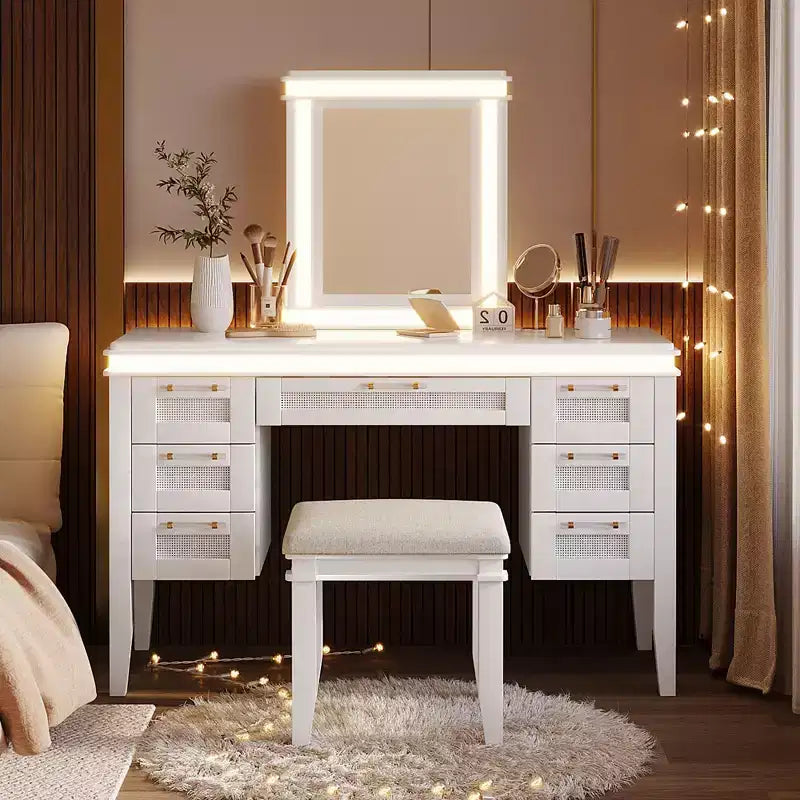 GDFStudio Amelia Classic Boho Wood Makeup Vanity Desk with Lighted Mirror, 7 Drawers and Cushioned Stool
