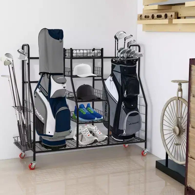 Organisateur de rangement pour sacs de golf en métal robuste avec double support, étagères amovibles pour clubs, roues verrouillables et très grande capacité
