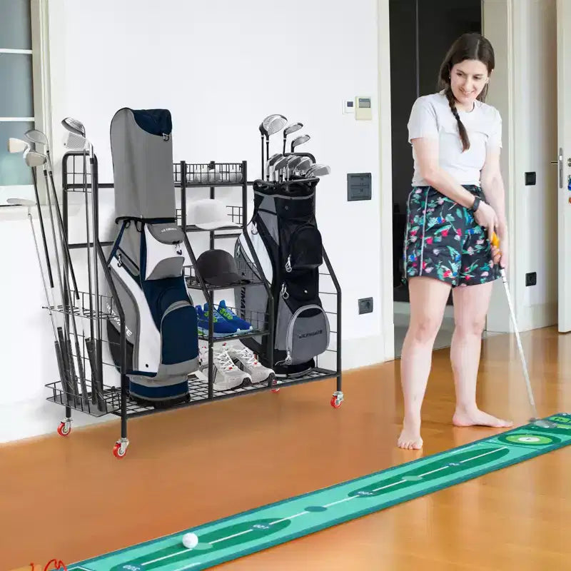 Organisateur de rangement pour sacs de golf en métal robuste avec double support, étagères amovibles pour clubs, roues verrouillables et très grande capacité
