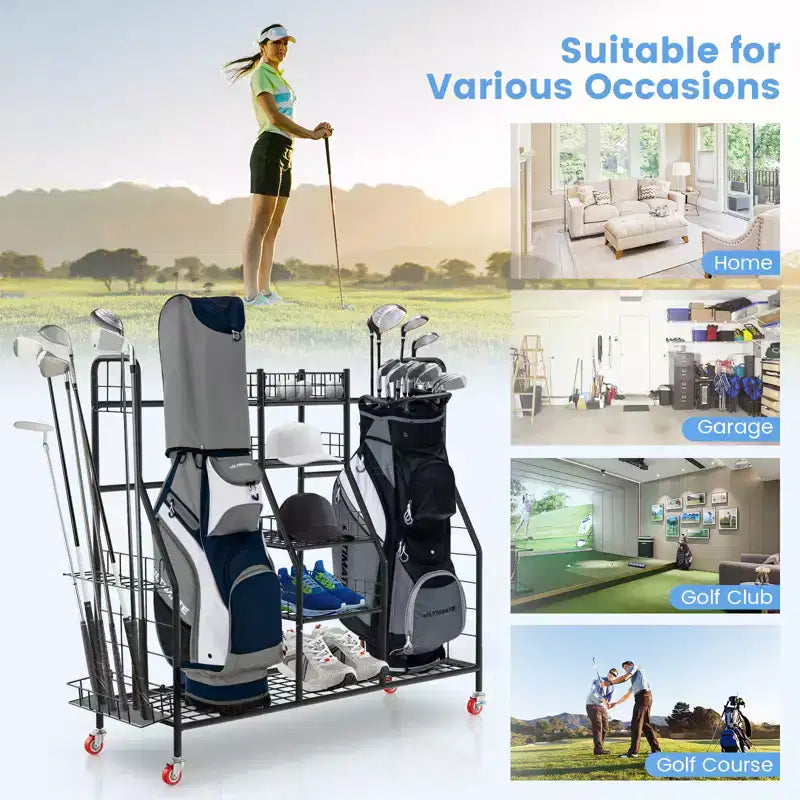 Organisateur de rangement pour sacs de golf en métal robuste avec double support, étagères amovibles pour clubs, roues verrouillables et très grande capacité