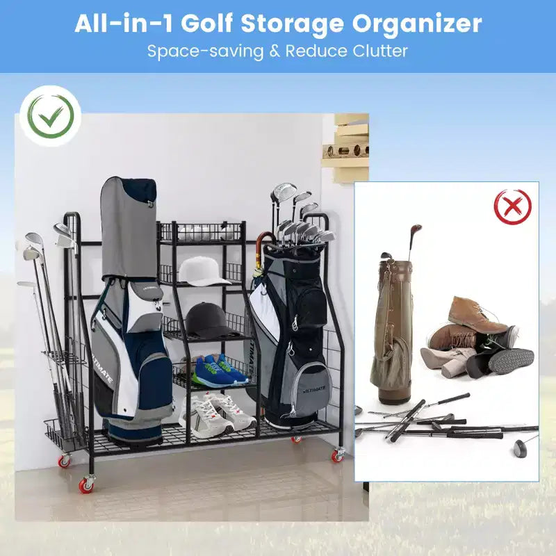 Organisateur de rangement pour sacs de golf en métal robuste avec double support, étagères amovibles pour clubs, roues verrouillables et très grande capacité