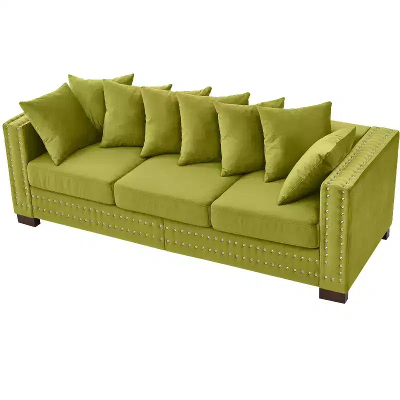 Canapé moderne trois places de 153,67 cm avec clous argentés, accoudoirs carrés, velours rembourré pour salon, vert