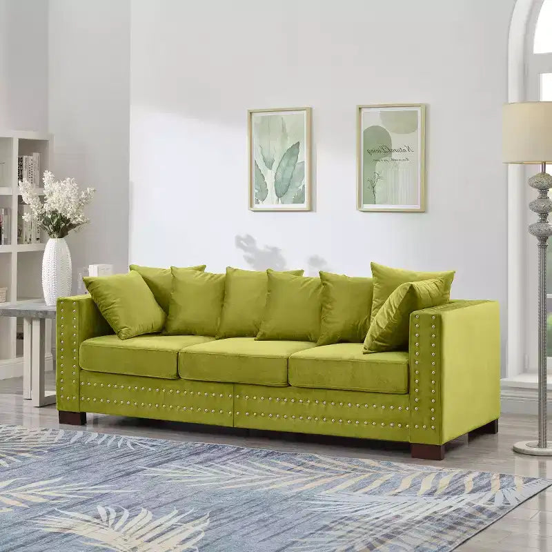Canapé moderne trois places de 153,67 cm avec clous argentés, accoudoirs carrés, velours rembourré pour salon, vert