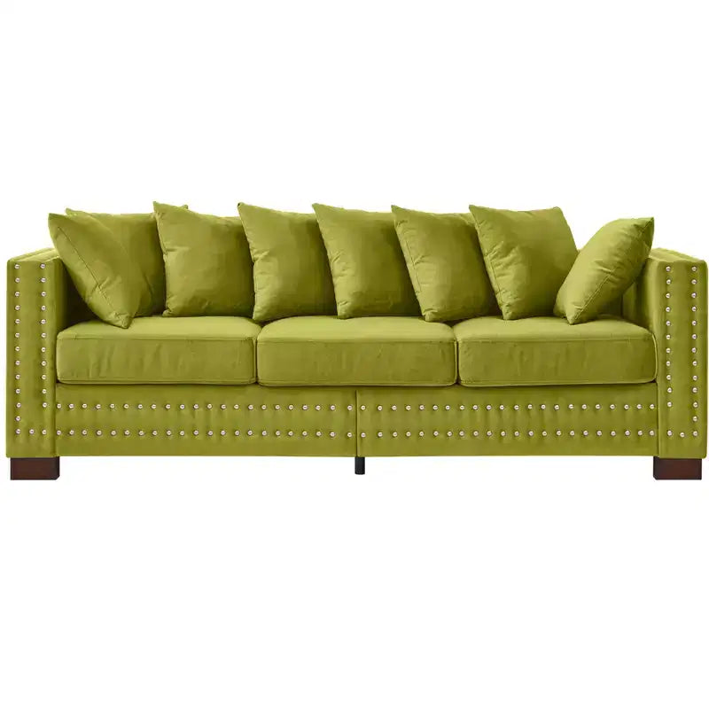Canapé moderne trois places de 153,67 cm avec clous argentés, accoudoirs carrés, velours rembourré pour salon, vert