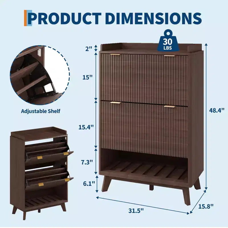 Meuble de rangement pour chaussures avec 2 tiroirs à rabat, meuble de rangement pour chaussures dissimulé sur pied, meuble à chaussures étroit en bois pour couloir et salon