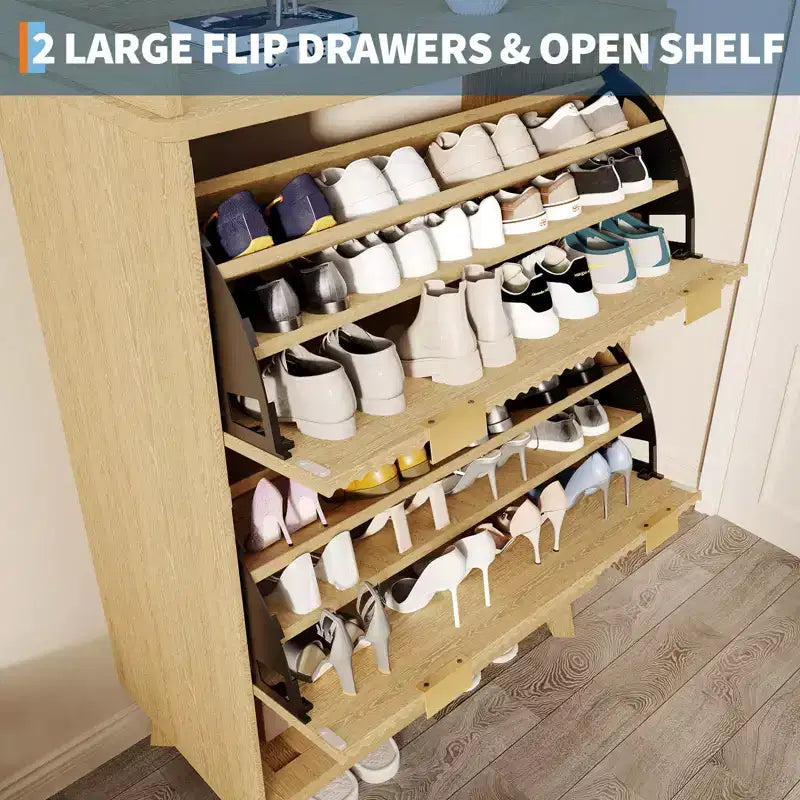 Meuble de rangement pour chaussures avec 2 tiroirs à rabat, meuble de rangement pour chaussures dissimulé sur pied, meuble à chaussures étroit en bois pour couloir et salon