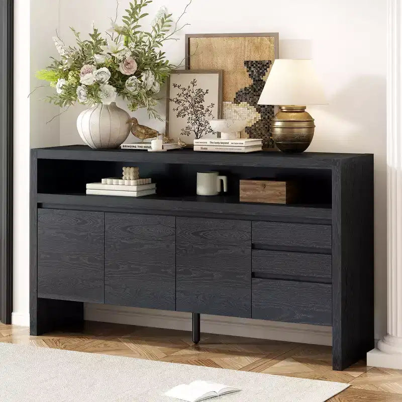 Multi-Functional 60 Large Storage Cabinet Sideboard with 3 Doors, Semi-Open Shelf and 3 Drawers, Wood Accent Entryway Console Table TV Stand