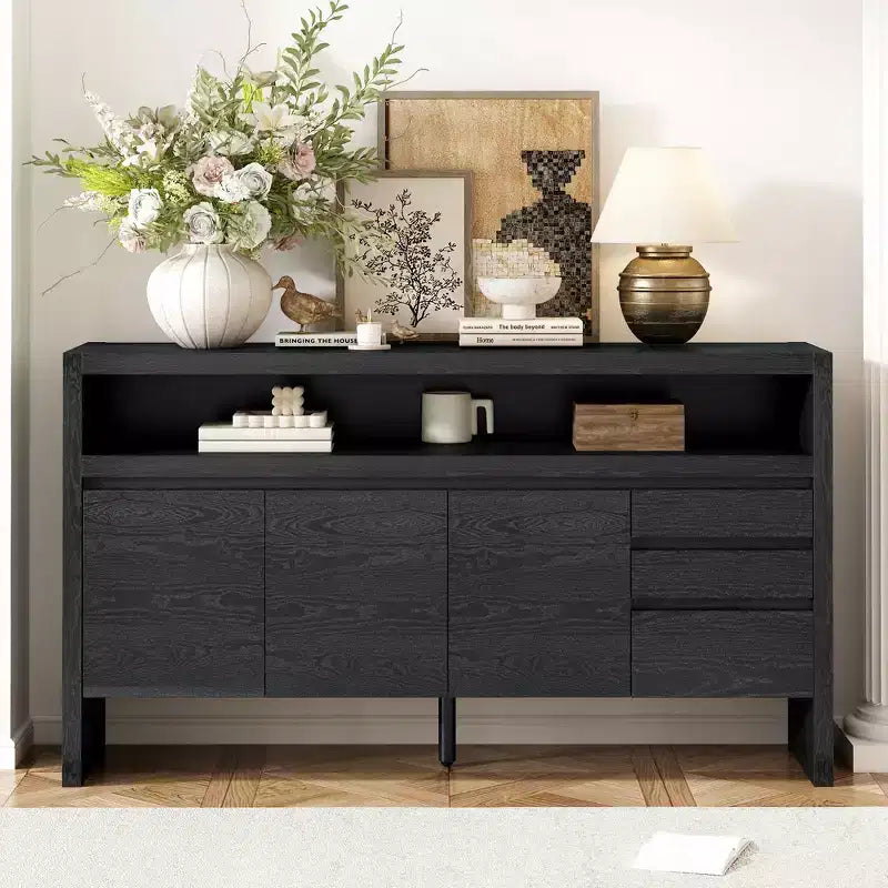 Buffet multifonctionnel de 152 cm avec 3 portes, étagère semi-ouverte et 3 tiroirs, meuble d'entrée en bois, meuble TV