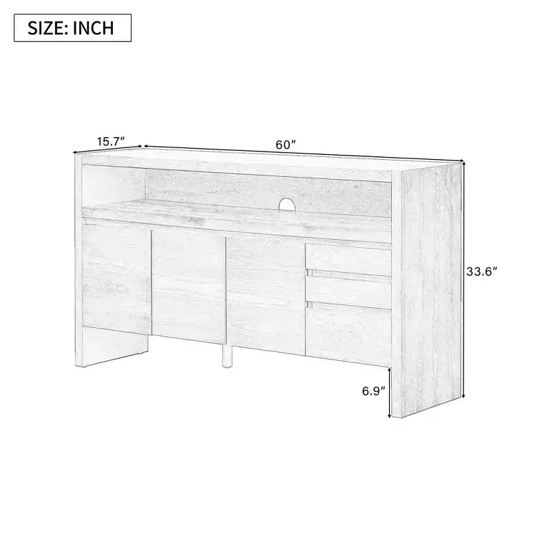 Buffet multifonctionnel de 152 cm avec 3 portes, étagère semi-ouverte et 3 tiroirs, meuble d'entrée en bois, meuble TV