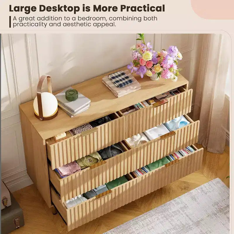 Commode large de 120 cm à 6 tiroirs, commode moderne cannelée avec rangement profond, longue commode double meuble TV pour chambre à coucher, organisation du salon