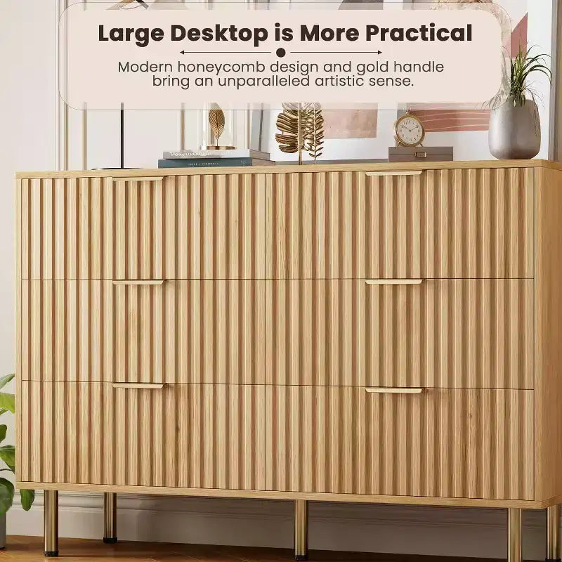 Commode large de 120 cm à 6 tiroirs, commode moderne cannelée avec rangement profond, longue commode double meuble TV pour chambre à coucher, organisation du salon