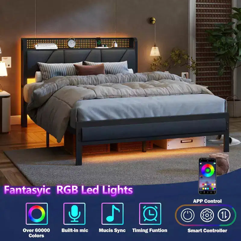 Lit plateforme pleine grandeur, tête de lit rembourrée avec lumières LED, station de charge, support métallique robuste, aucun sommier tapissier requis, chambre de jeu