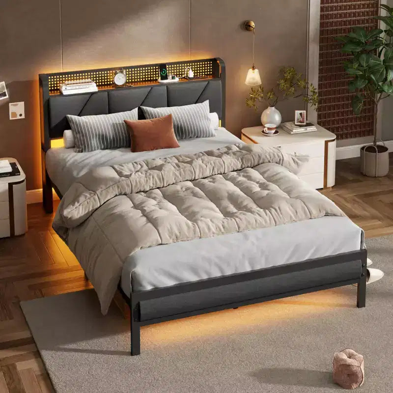 Lit plateforme pleine grandeur, tête de lit rembourrée avec lumières LED, station de charge, support métallique robuste, aucun sommier tapissier requis, chambre de jeu