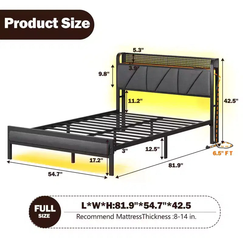 Lit plateforme pleine grandeur, tête de lit rembourrée avec lumières LED, station de charge, support métallique robuste, aucun sommier tapissier requis, chambre de jeu