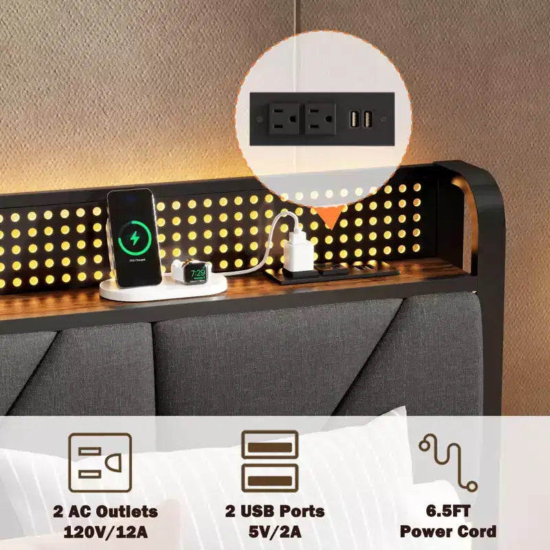 Lit plateforme pleine grandeur, tête de lit rembourrée avec lumières LED, station de charge, support métallique robuste, aucun sommier tapissier requis, chambre de jeu