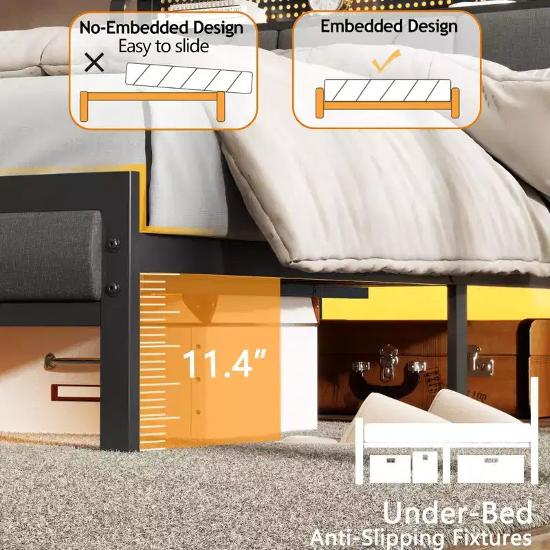 Lit plateforme pleine grandeur, tête de lit rembourrée avec lumières LED, station de charge, support métallique robuste, aucun sommier tapissier requis, chambre de jeu