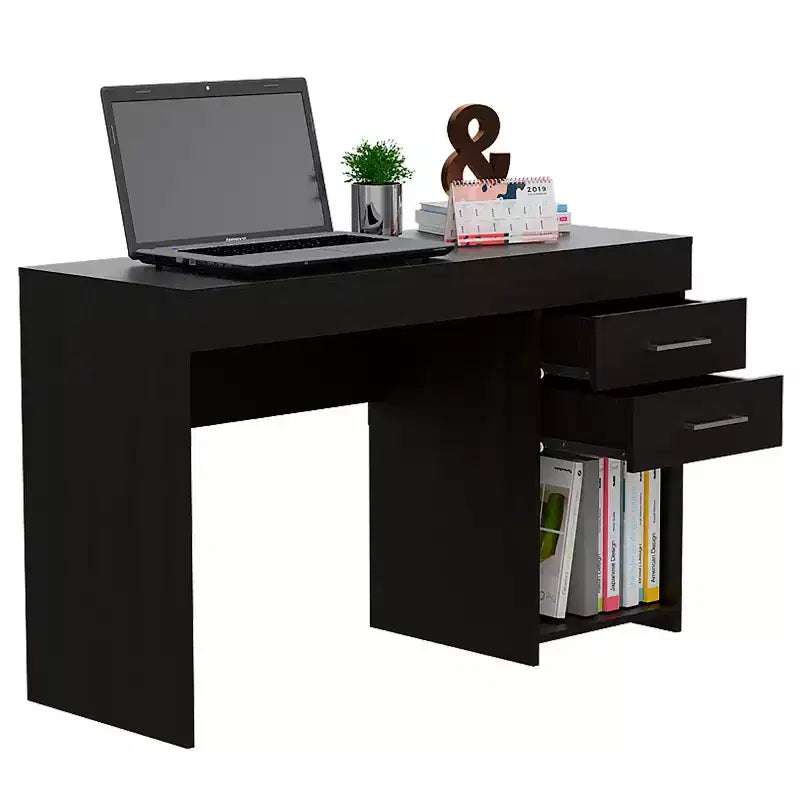 Bureau d'ordinateur d'écriture de 120 cm, bureau d'étude moderne avec étagère inférieure ouverte, deux tiroirs pour le bureau à domicile et les petits espaces, noir