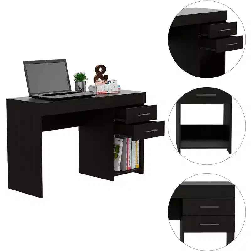 Bureau d'ordinateur d'écriture de 120 cm, bureau d'étude moderne avec étagère inférieure ouverte, deux tiroirs pour le bureau à domicile et les petits espaces, noir