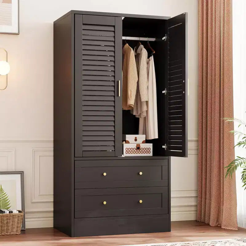 Armoire de rangement en bois à 2 portes et 2 tiroirs, avec tringle, pour chambre à coucher, 65 po