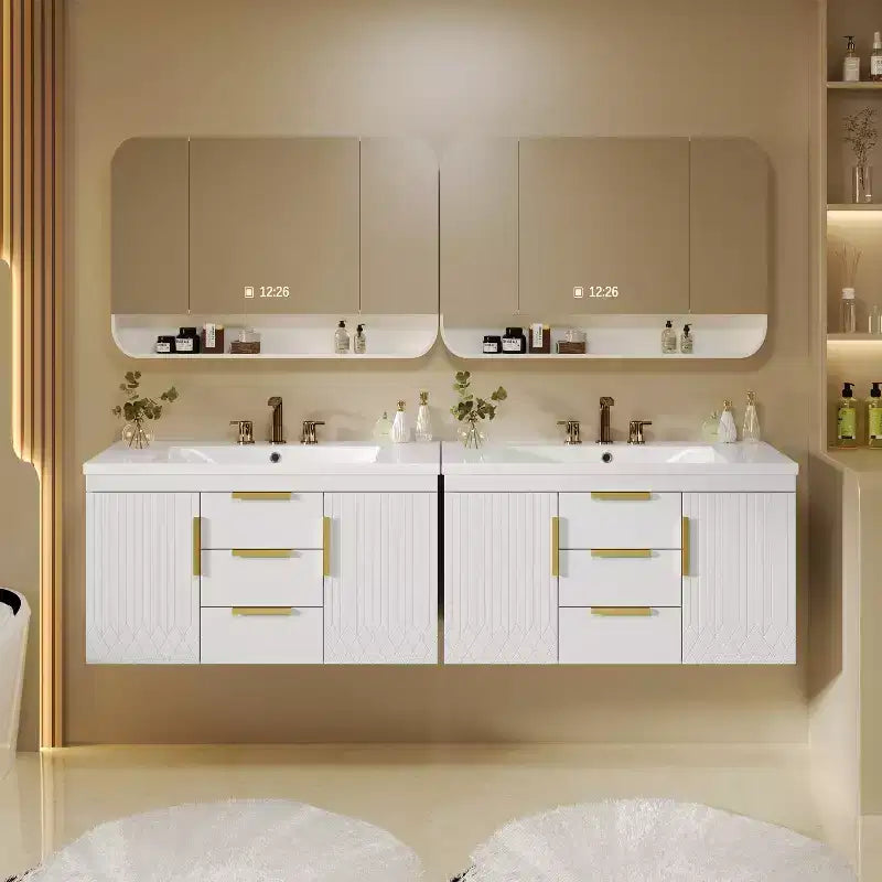 Meuble-lavabo de salle de bain mural de 36 pouces avec meuble de rangement flottant à 2 tiroirs, meuble de salle de bain en bois massif, blanc