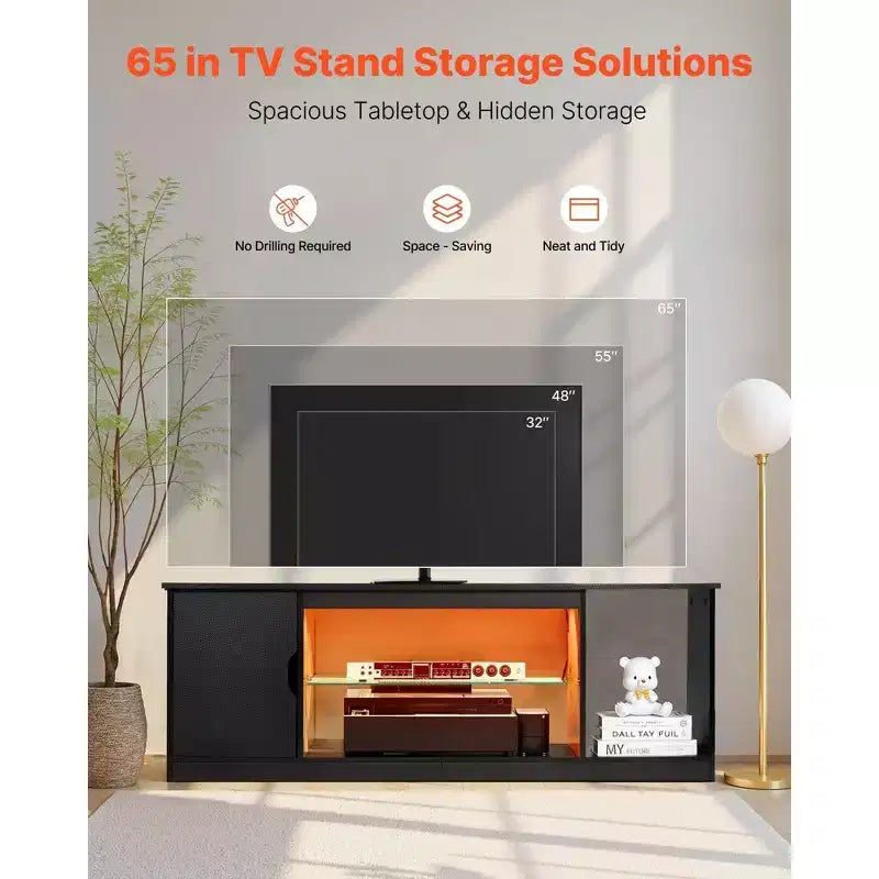 Meuble TV Noir Moderne – Convient aux TV de 65 pouces, Bande Lumineuse, Verre et Étagères Réglables