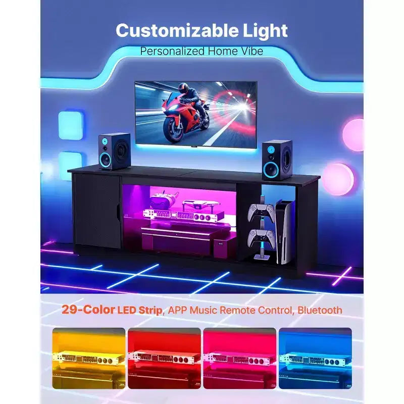 Meuble TV Noir Moderne – Convient aux TV de 65 pouces, Bande Lumineuse, Verre et Étagères Réglables