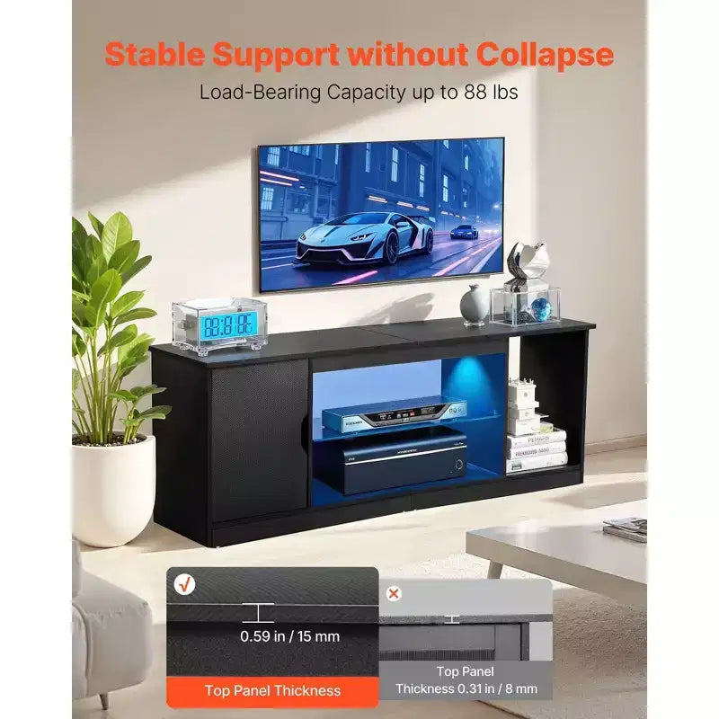 Meuble TV Noir Moderne – Convient aux TV de 65 pouces, Bande Lumineuse, Verre et Étagères Réglables