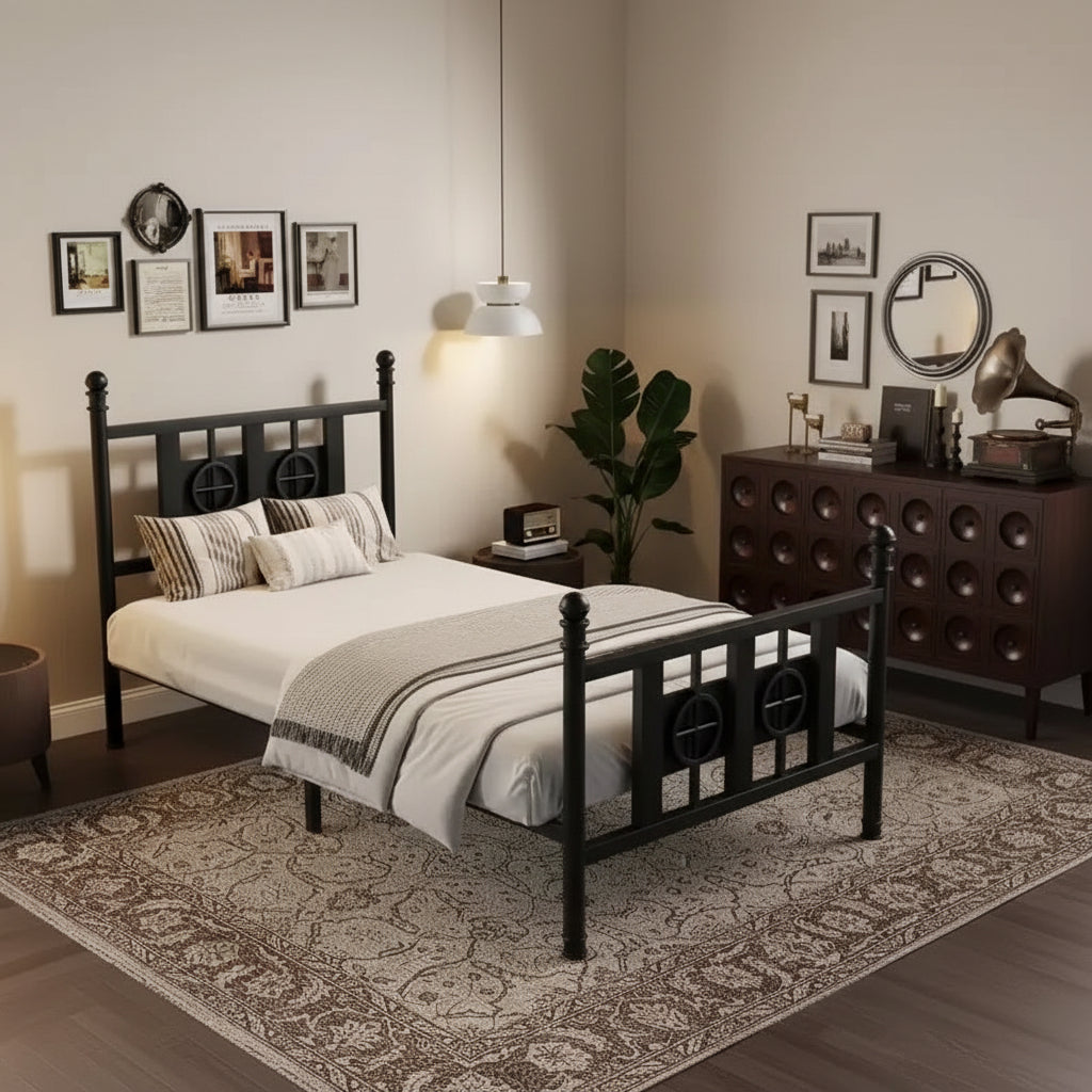 Cadre de lit métallique robuste avec design circulaire vintage Plateforme avec tête et pied de lit Rangement sous le lit, Silencieux, Montage facile