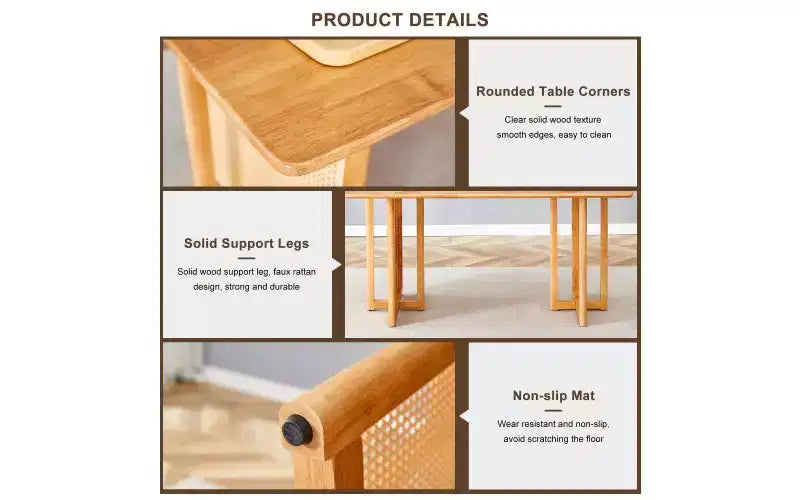 Table de cuisine en bois massif avec pieds antidérapants, Table à manger pour 4 avec motif imitation vigne, Marron