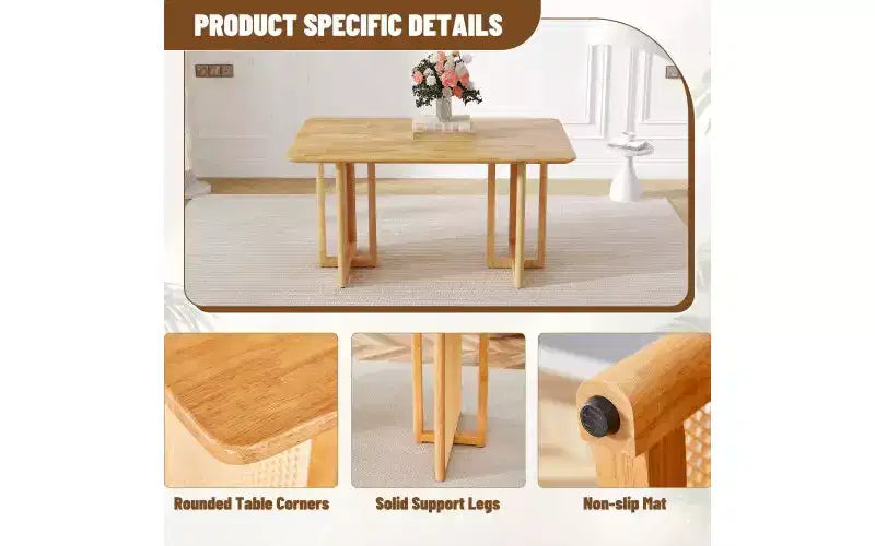 Table de cuisine en bois massif avec pieds antidérapants, Table à manger pour 4 avec motif imitation vigne, Marron